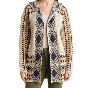 Lucky Brand Aztec Geometric Size Small Petite Cream Navy Cardigan Hoodie